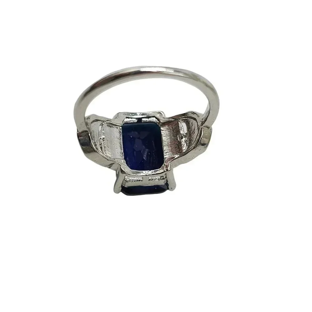 Clear Rhinestone Royal Blue Zircon Engagement Ring Size 9 Silver Tone VTG